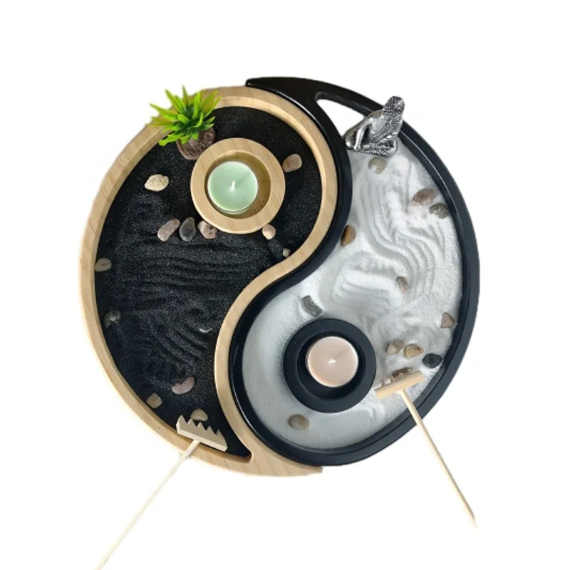 Home Office Tabletop Taiji Yin Yang Sand Garden Altar Zen Decor Gifts DIY Crystal Meditation Zen Garden Kit with Stone Rake Tool