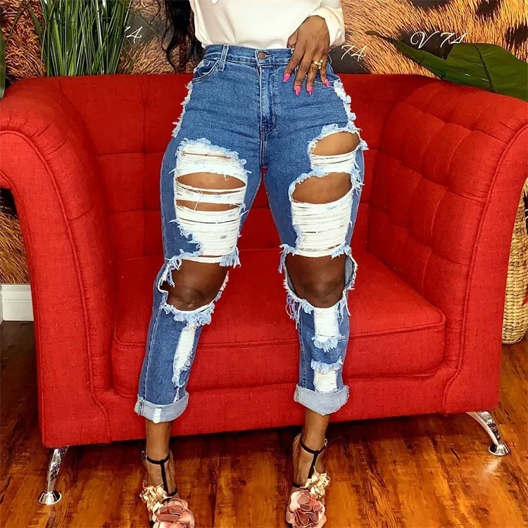 2021 New Fashion Good Quality Spring And Summer Blue Denim Net Straight Big Hole Beggar Women Jeans