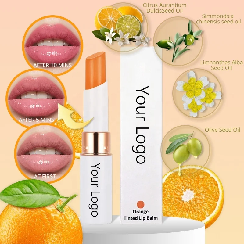 Custom Logo Vegan Cruelty Free Natural Glossy Finish Hydration Moisturizing Pink Rose Orange Color Change Tinted Lip Balm