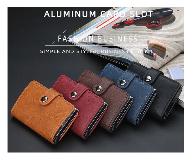 Pop Up PU Leather Metal Wallet RFID Blocking Automatic Aluminium Credit Card Holder Custom
