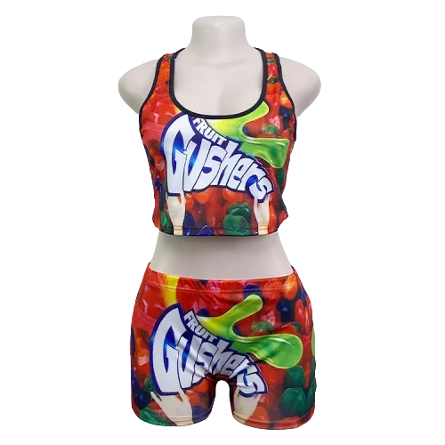 
Wholesale Custom Summer Yoga Gym Romper Biker Candy Two Piece Sexy Girls Shorts Skittle Booty Snack Woman Shorts Set 