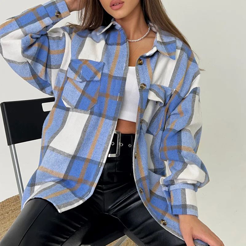 Shirts Long Sleeves Loose Comfortable Casual Pocket Cardigans Spring and Autumn Mid-Length Plaid Printed Shirts Women