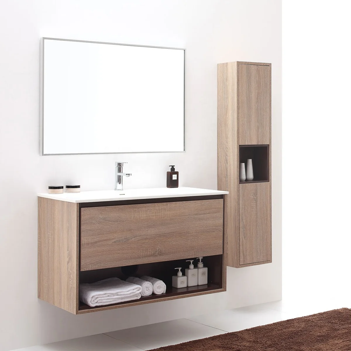 
Mirror+basin+faucets Environmental Friendly cheap single bathroom vanity chinese Customized solid wood classic bathroom cabinet 