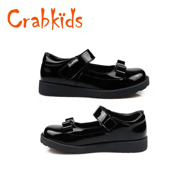 Crabkids Factory Wholesale Black Shying Leather School Shoes for Girls