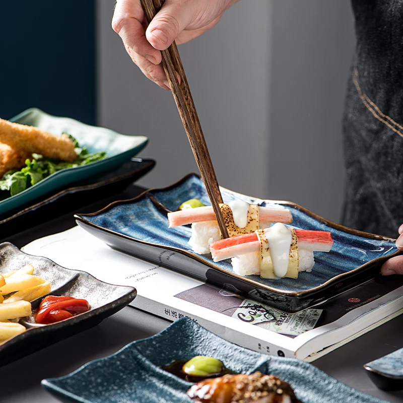 Appetizer Plates Party Sushi Entertaining Guests Porcelain Water Wave Relief Texture 7.5' Ceramic Platters Rectangle Plates