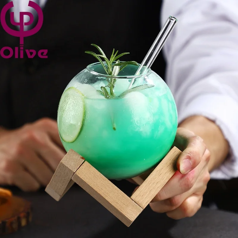 Custom Wedding Couple Bar Restaurant Hand Blown High Borosilicate Glass Wooden Stand Clear Round Orb Moon Verre Cocktail Glasses