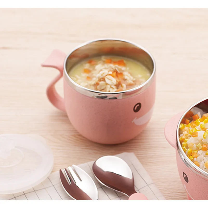 Double Wall Insulated Wheat Fiber&Stainless Steel 240ML Sippy Cup Cute Baby Cups With Silicone Lids