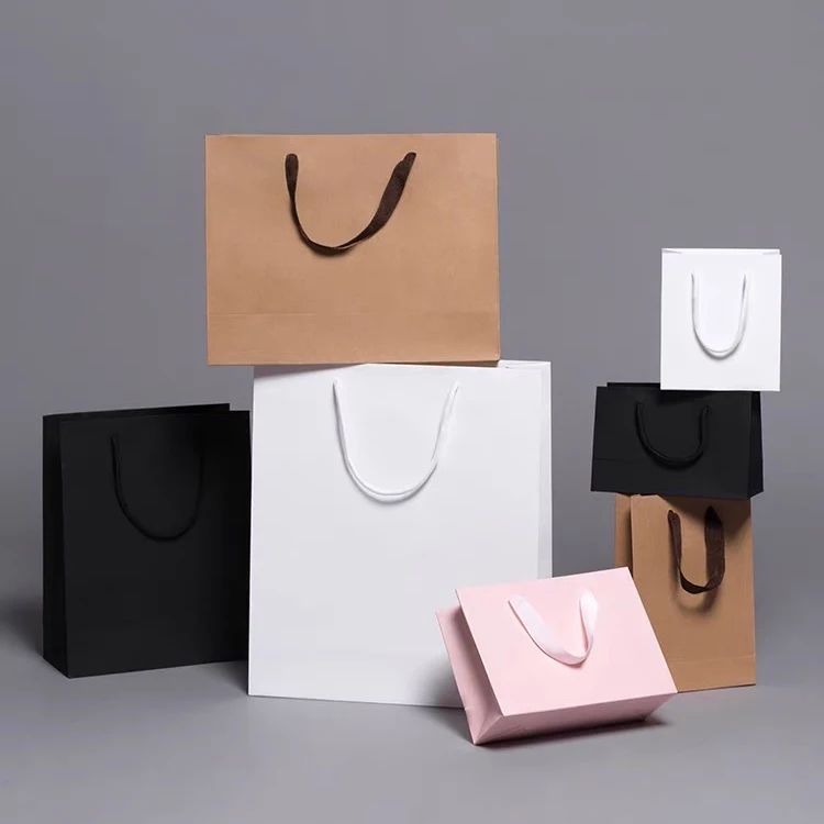 Custom Printed Own Logo cardboard packaging White Brown Kraft Gift Craft Shopping perforated Paper delivery Bag With Handles