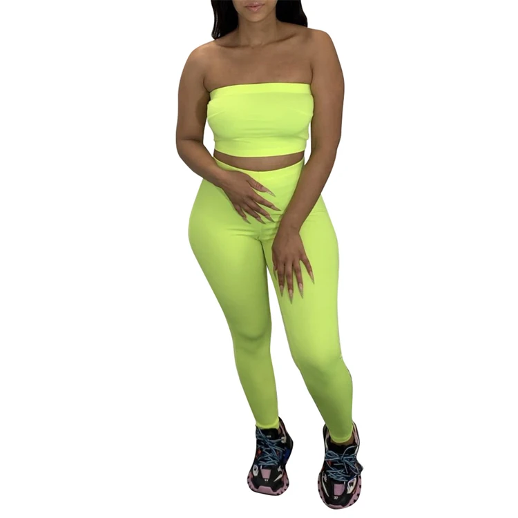 Womens Casual Solid Color Tube Top Pencil Pants Sports Two Piece Suit Gym Summer Womens Jogging Sets 2 Piece