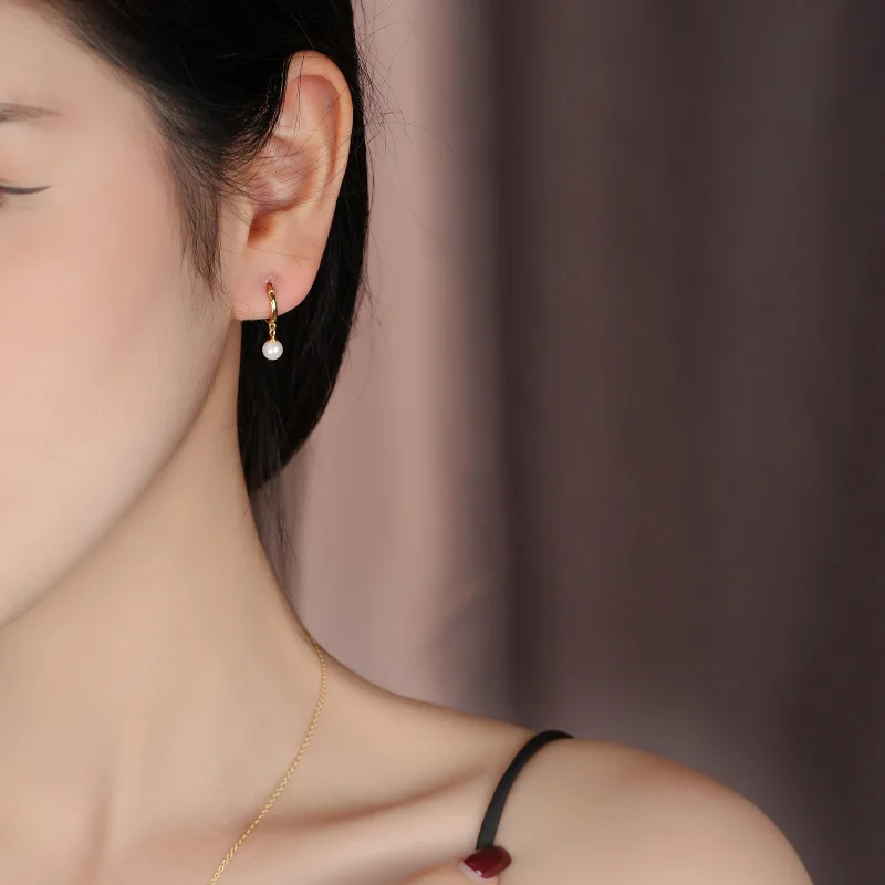 Hot Sale 925 Sterling Silver Elegant Jewelry 18k Gold Plated Pearl Dangle Zircon Drop Hoop Earrings Women