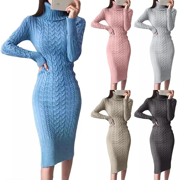 Customer Design Women Winter Sweater Dresses Long Sleeve Knit Ladies One Piece Dress Robe