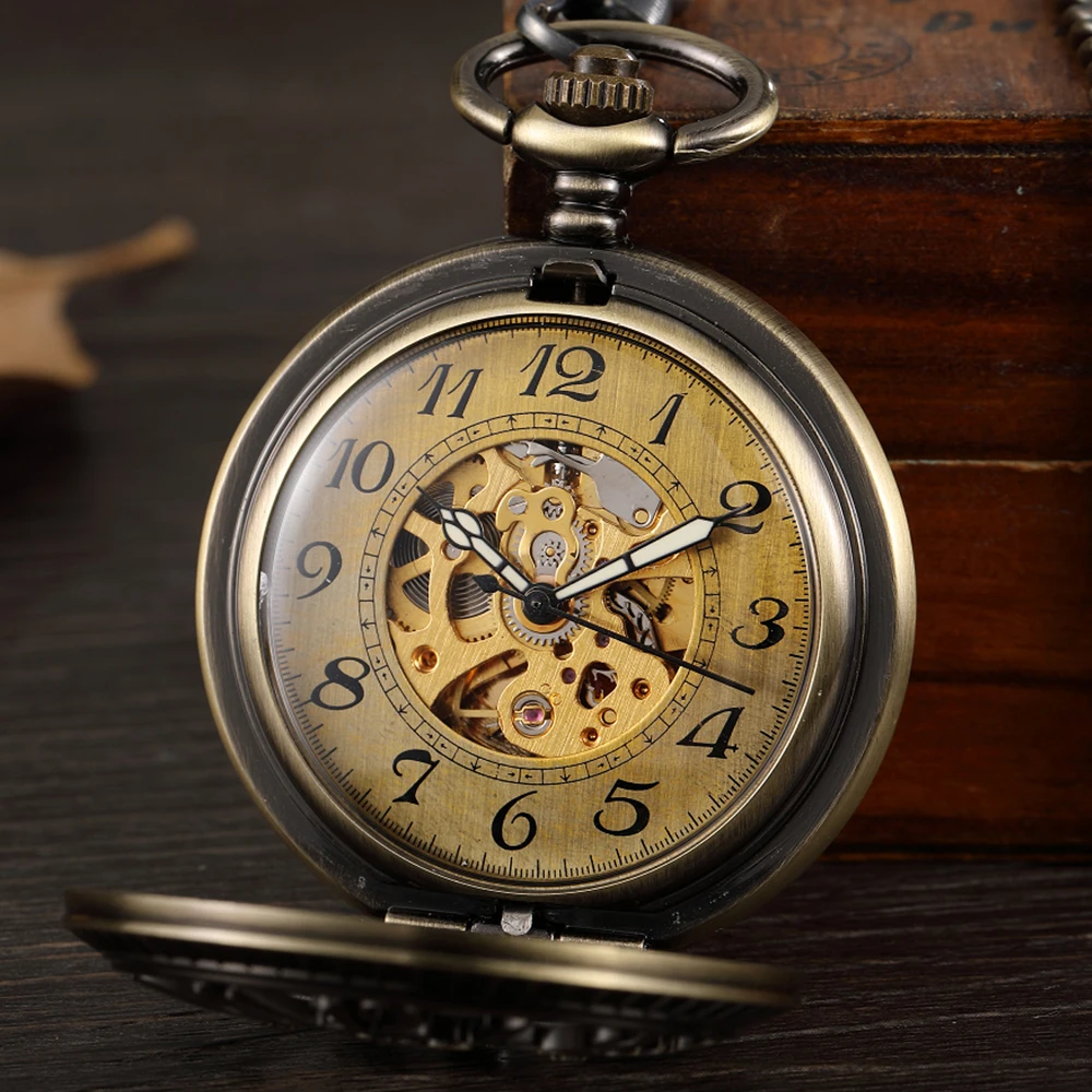 Vintage Bronze Hollowed Out Arabic Digital Clamshell Automatic Mechanical Pocket Watch