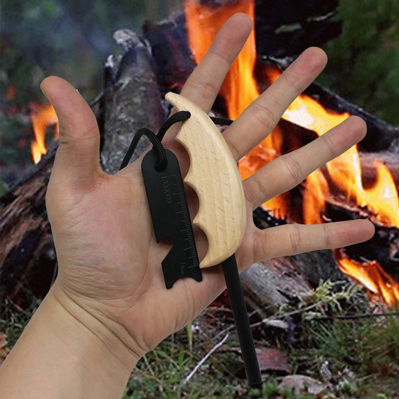 Bushcraft Gear Survival Firecord Finger Grip Wood Handle Ferrocerium Fire Starter Rod for Campfire