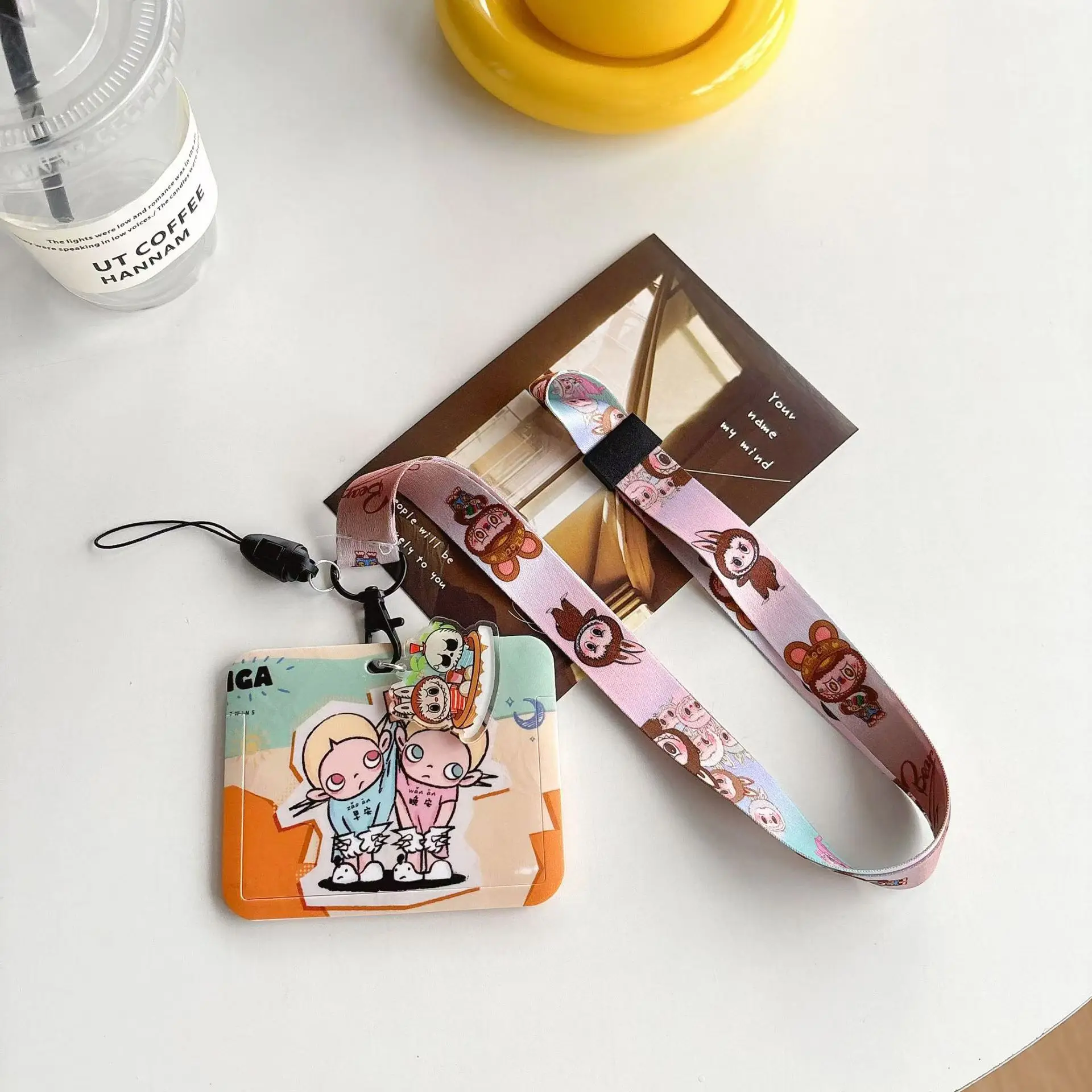 6 designs crosswise Anime labubu Campus Card Holder set Protective Sleeve Hanging Neck Rope Card Cute Campus Meal Card Lanyard