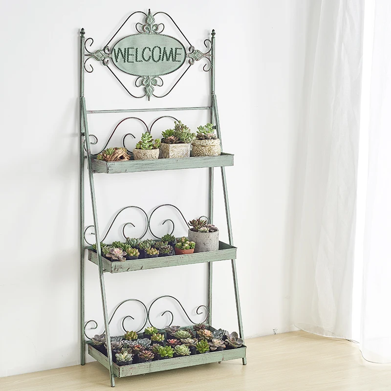 Whole sale plant stand  Iron Hot Selling Antique Vintage Metal  Garden 3 Tier Folding Flower Display Rack Shelf
