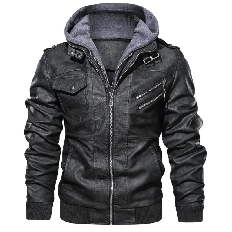 Color: 1-24  Z22S119  Leather men  double zip hooded biker leather jacket detachable coat with hat