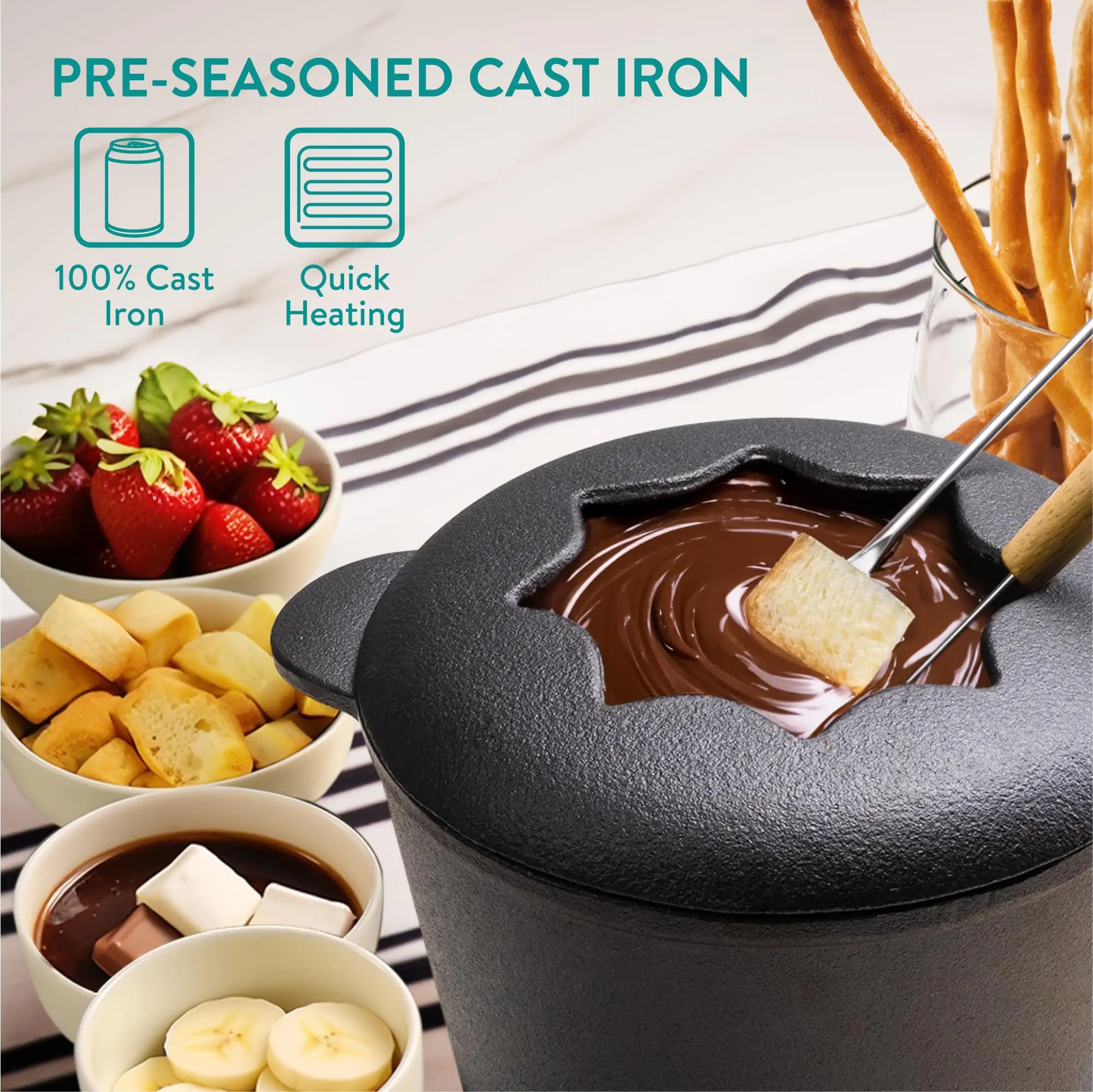 Cheese Fondue Set for 6 People - 2qt Cast Iron Fondue Sets with 6 Colour Coded Forks for Cheese  Chocolate or Meat