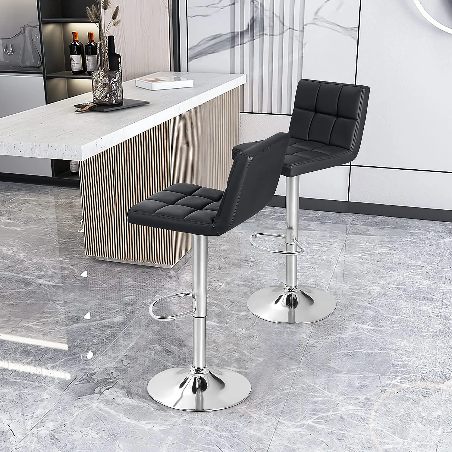 Modern High Bar Stool Chair Counter Height  Square Pu Leather Adjustable Swivel Gray Bar Stools With Back