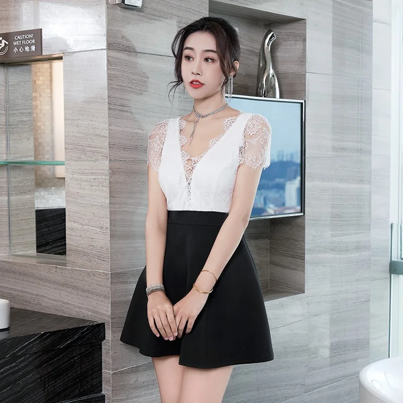 2389# Sexy Low-cut Dress Ladies Birthday Party Black Lace Nightclub Evening