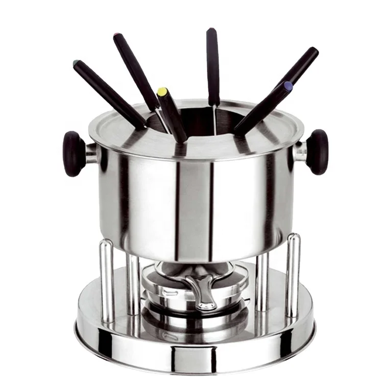 Stainless steel fondue set metal pot with fuel burner and 6 forks Included mini buffet hot pot for home cooking