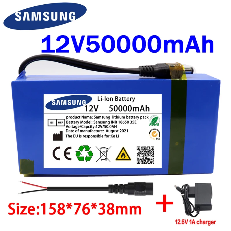 100% New Portable 12v 50000mAh Lithium-ion Battery Pack DC 12.6V50Ah Battery with EU Plug+12.6V1A Charger+DC Bus Head Wire