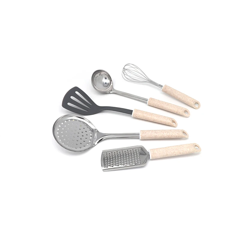 Super September Discount Wholesale 5 pcs Home Kitchen  Stainless steel 410 Wheat Straw Fiber Plastic Cooking Tools Utensils Sets