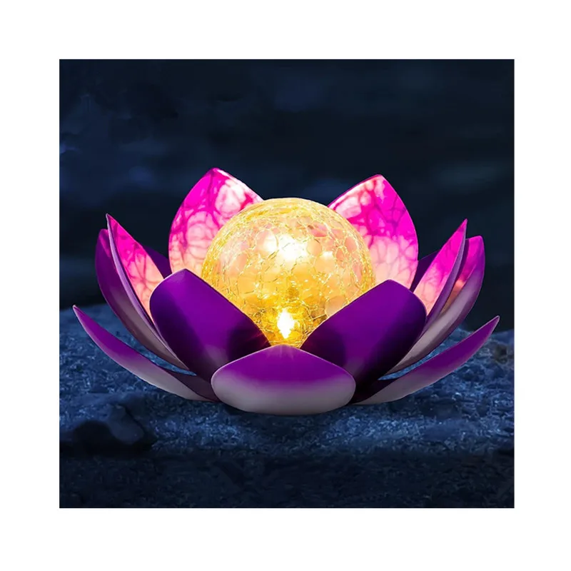 Waterproof Garden Solar Metal Crackle Glass Globe Ball LED Lotus Flower Solar Lights Lamp for Tabletop Ground Yard Patio Walkway