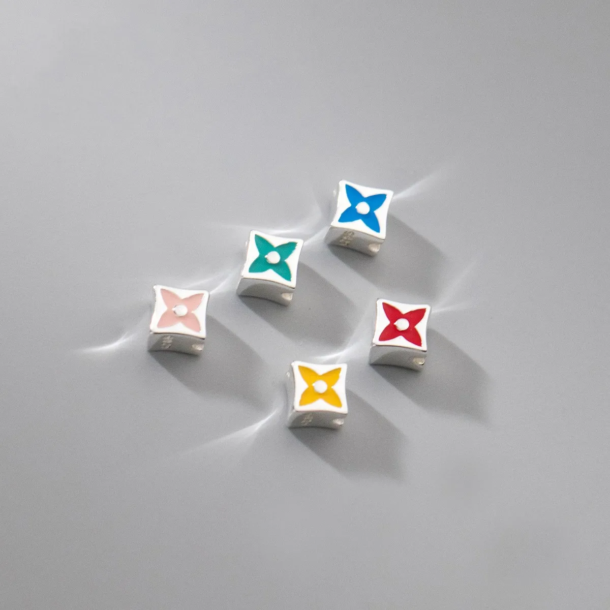 925 Sterling Silver Exquisite Colorful Rhombus Cube Four-leaf Clover Spacer Beads DIY Jewelry Making Accessories Wholesale