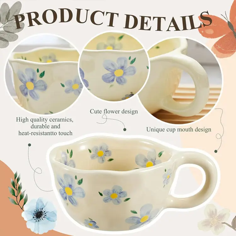 Ins Korea Irregular Hand Painted Flower Coffee Mug, Creative Ceramic Milk Water Cup, cappuccino Cup for hotel Office