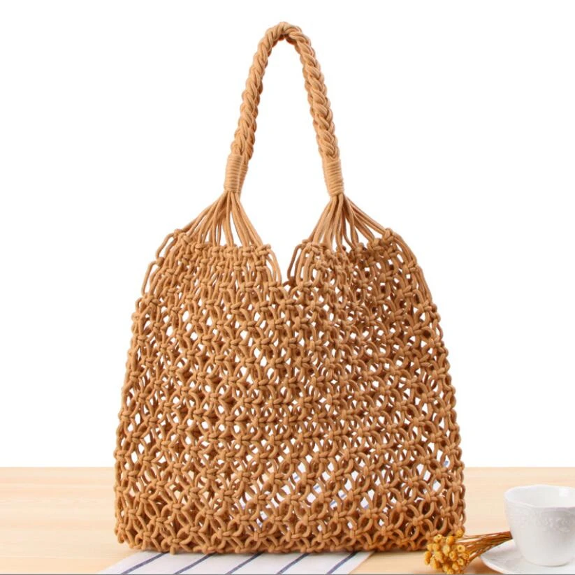 Foldable Handmade Mesh Beach Bag for Women Wholesale Fashion Pattern Knitted Handbag  Summer Shoulder Bag