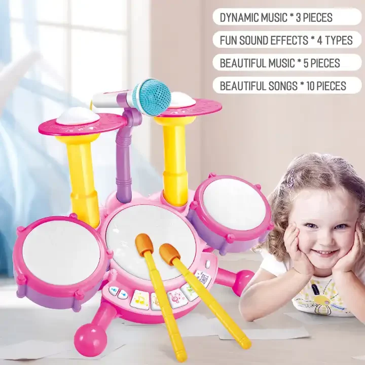 Multi-functional Toddler Kids Jazz Drum Toy Plastic Musical Instrument Electronic Organ Drum Set Music Toy With Microphone Light