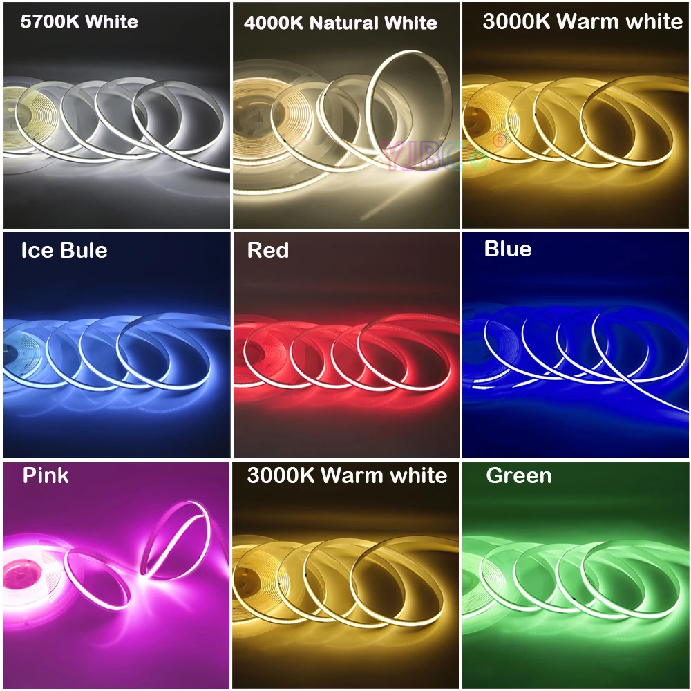 single color COB LED Strip 320LEDs 5V 12V 24V White/Warm white/Natural White/Blue/Red/Green FCOB Flexible Lights Tape 8mm