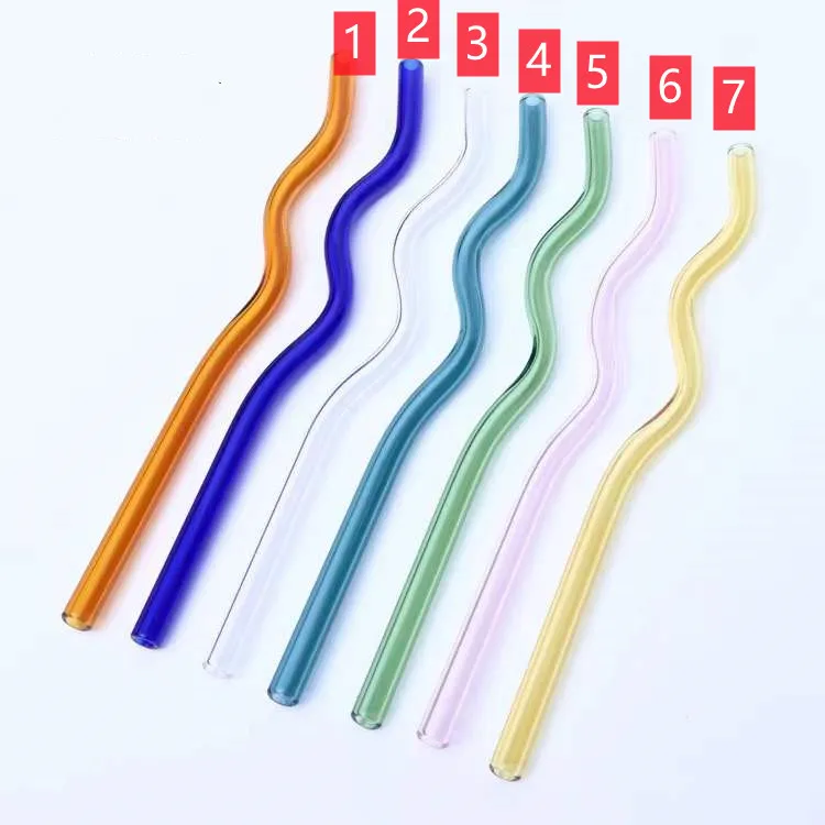 heat resistant different colored straight reusable drinking glass wavy straw