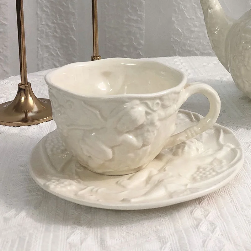 European palace style embossed angel vintage afternoon tea English teacup retro embossed coffee cup and saucer set porcelain