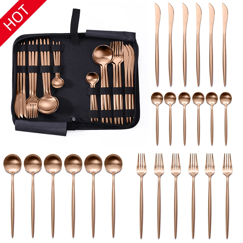 Customizable Packaging 24 Pieces Portable Camping Picnic Travel Gold Plated Flatware Silverware Dinnerware 24 Piece Cutlery
