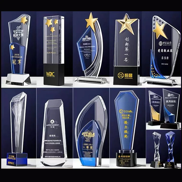 Pujiang Custom Blue Corporate Gifts Glass Shilds and Trophy Awards Plaques Crystal Shields