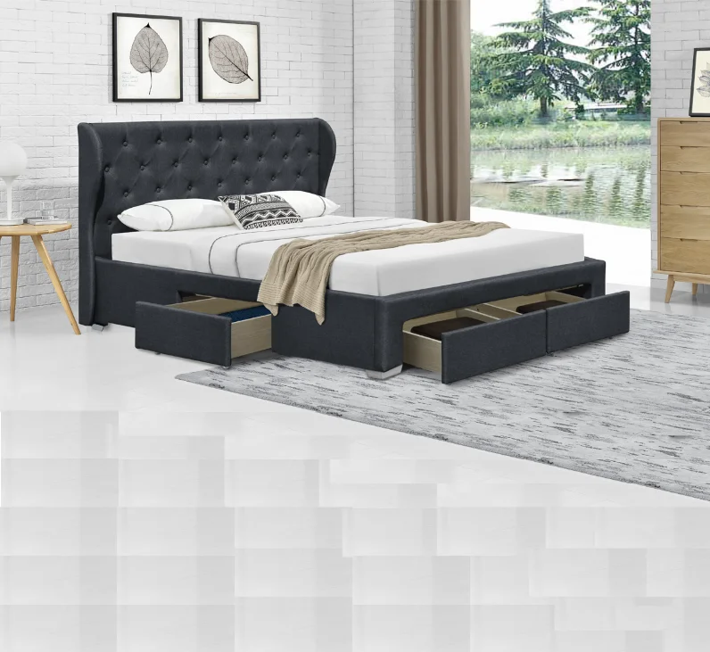 Factory Wholesale OEM Double Size Button-Tufted Linen Fabric Winged Headboard Upholstered Platform Storage Bed with Drawers
