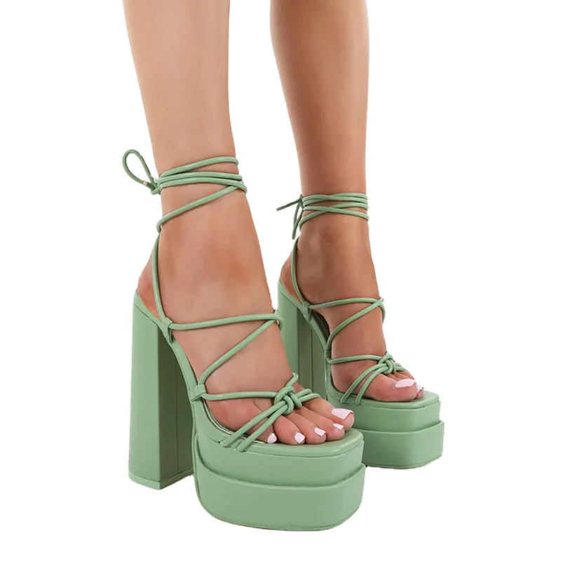 Wholesale Rhinestone Sexy Lace Up Chunky Platform Sandals Women Women Shoes High Heel Sandals