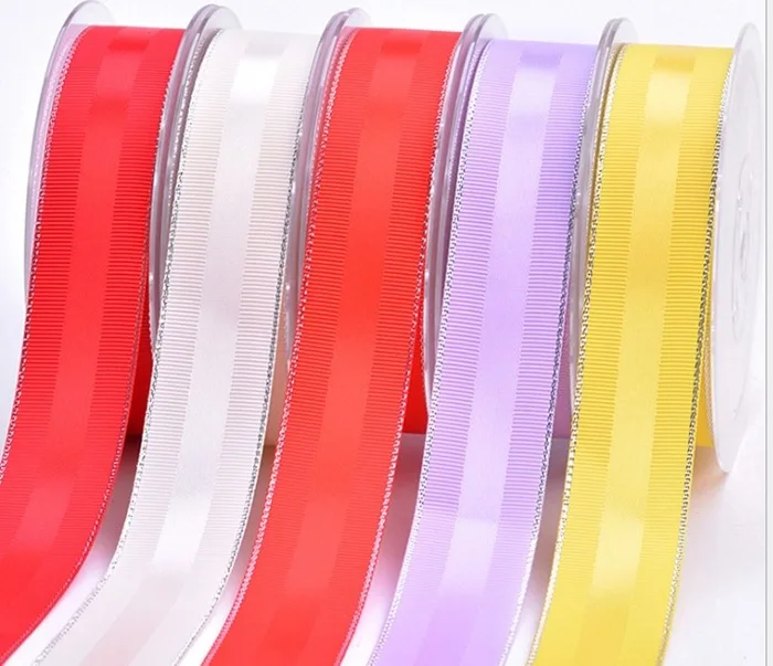 Wholesale Grosgrain Edge Double Face Satin Ribbon Designer With Silver Edge Satin Ribbon 14 Colors 9-38MM