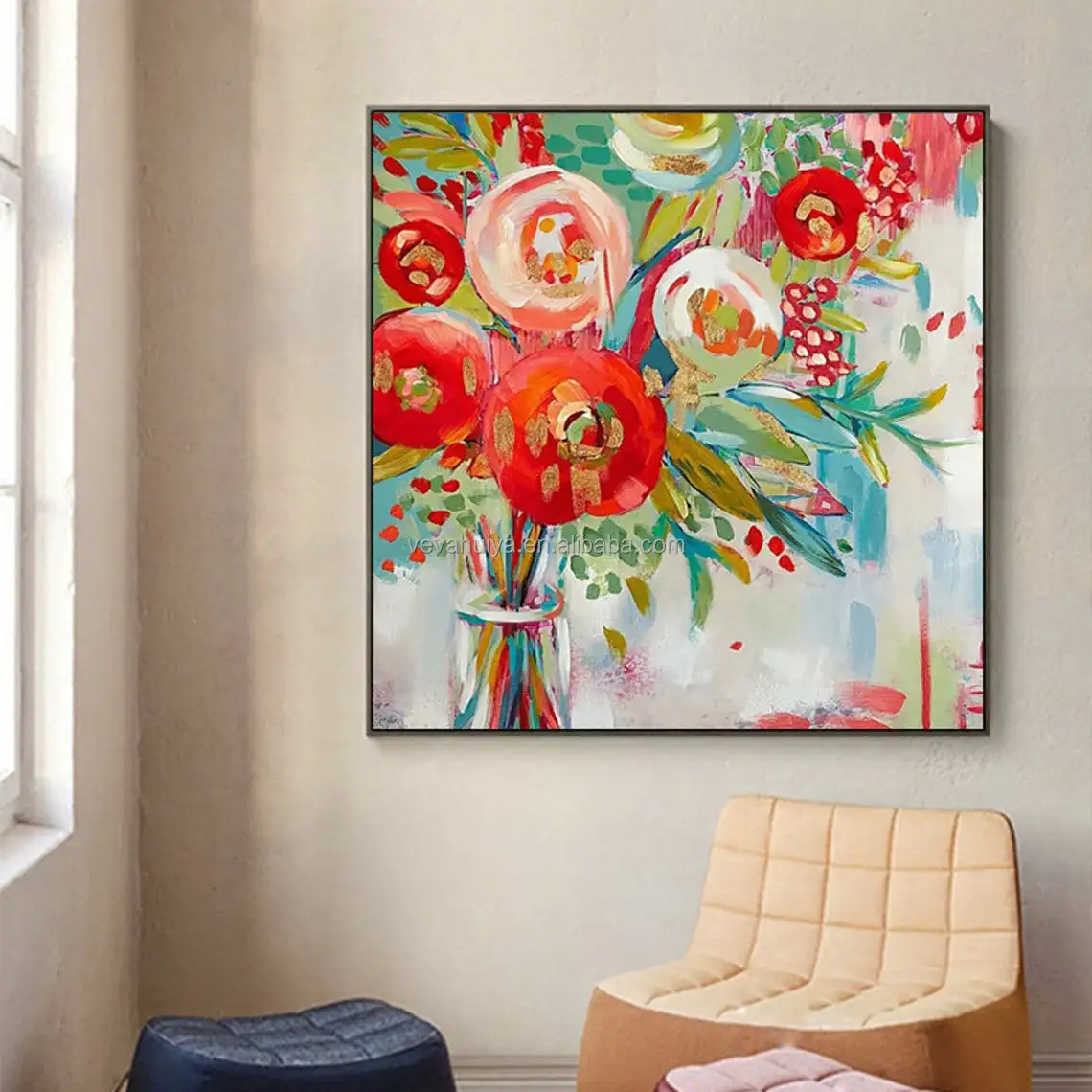 100% Handmade Abstract With Golden Foil Red Color Oil Painting Home Restaurant Decorative Painting