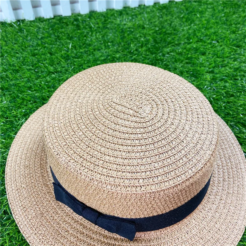 
Women Summer Boater Beach Hat Flat Brim Bowknot Straw Panama Sun Hat Paper 