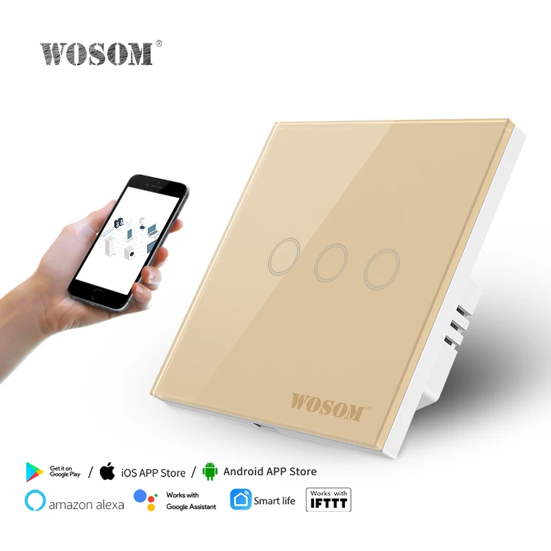 WOSOM Professional manufacturer TSW3-T Tuya 3Gang/1Way WIFI remote touch switch double gang smart switch zigbee