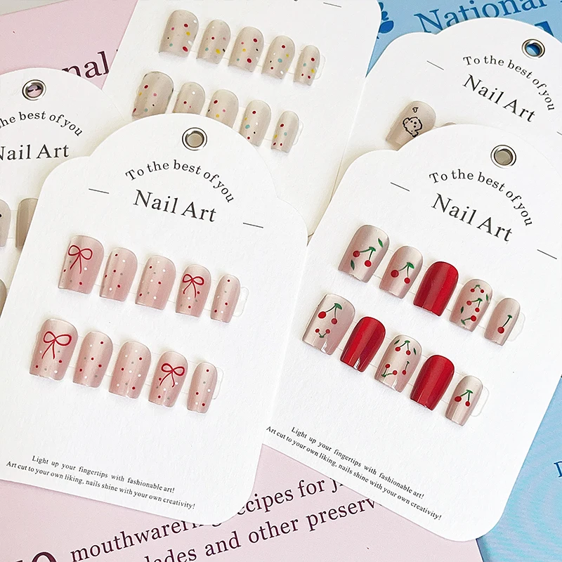 30pcs Aurora Cat Eyes Pure Ballerina Bow Cherry Patterns Coffin False Nails Full Cover Nail Tips Press on Nails