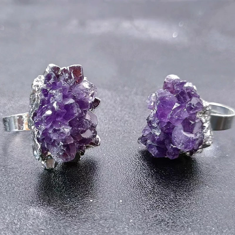 Natural Gemstone Druzy Quartz Purple Crystal Golden Silver Bezel-set Amethyst Cluster Ring For Women