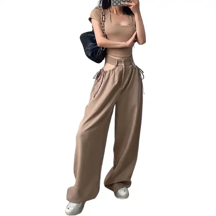 Spring and summer season high waisted elastic drawstring cross design wide leg loose casual workwear pants