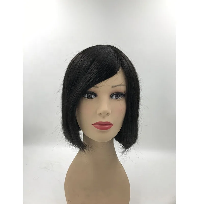 look real natural hairline black color human blended synthetic hair top mono glueless wigs with poly coat front