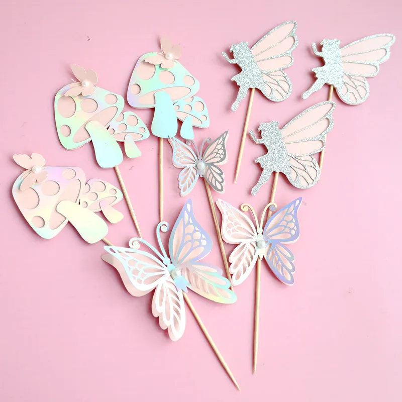 Ychon Fairy Mushroom Butterfly Themed Cupcake Picks Birthday Cupcake Toppers Plug-in Birthday Party Cake Decoration