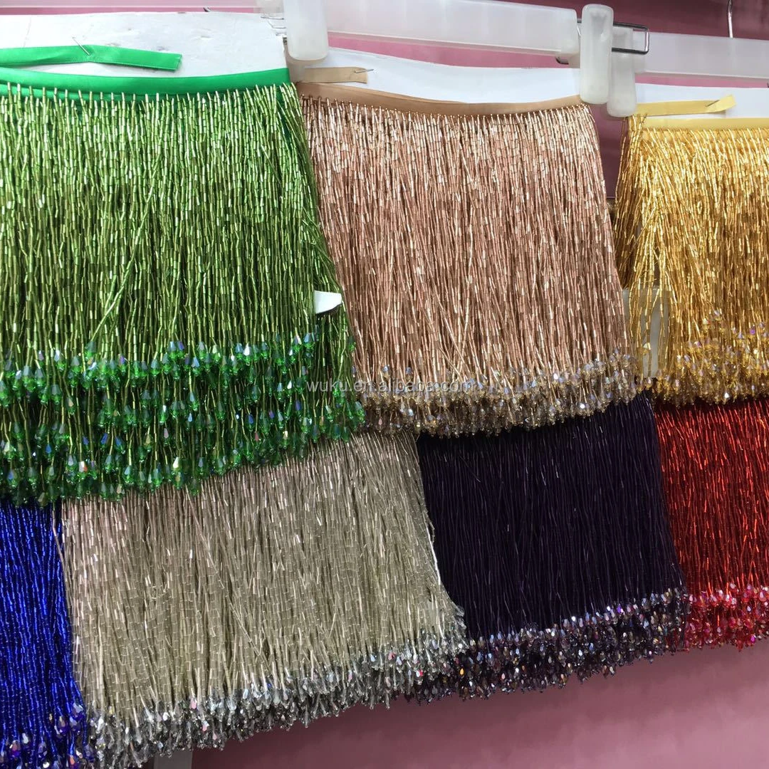 fashion decorative 15cm width bugle beads edging fringe tassel in gold