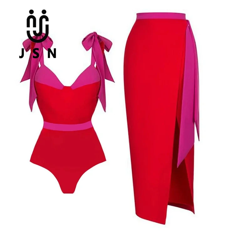 JSN высококачественный летний пляжный костюм с юбкой лоскутный Цельный купальник бантом