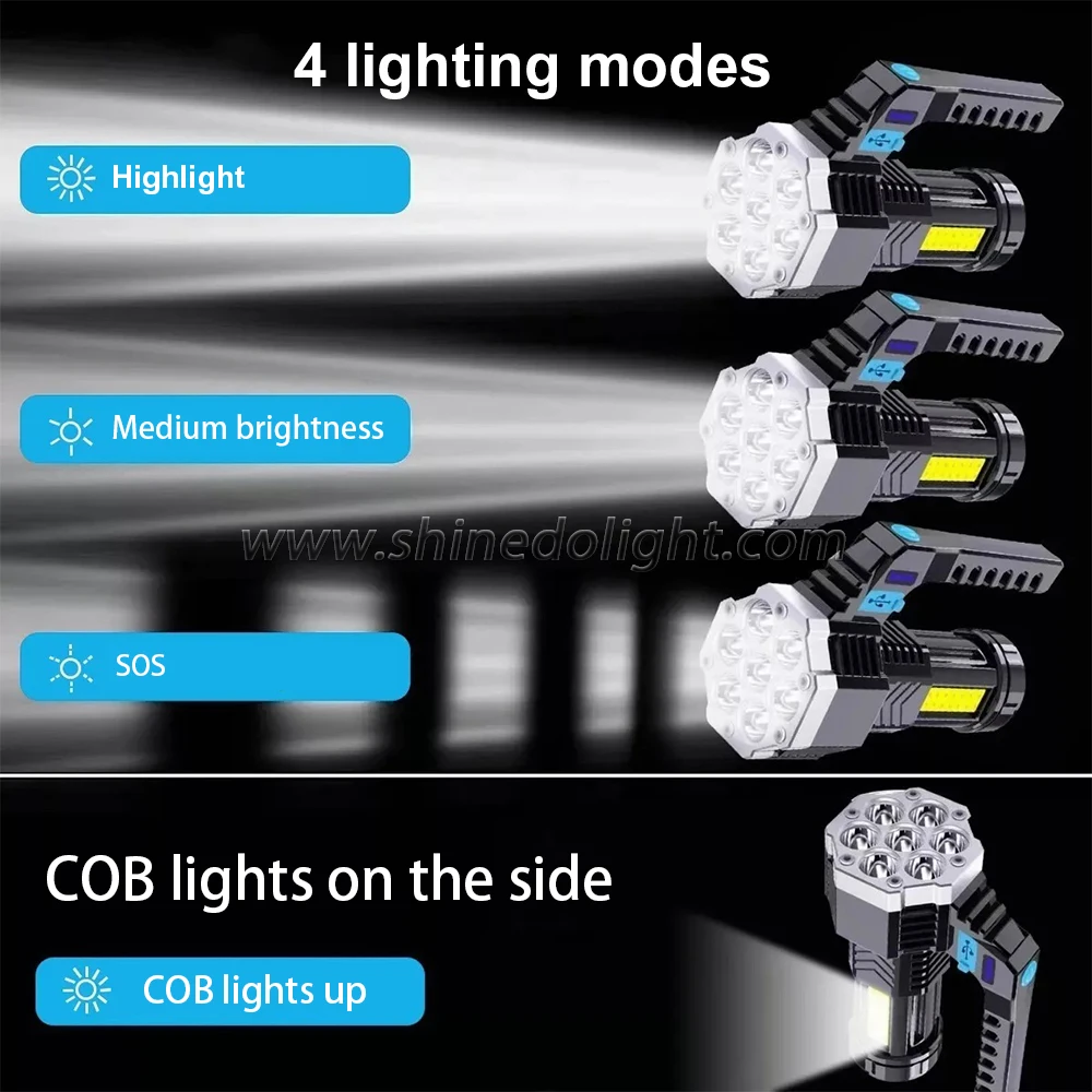 LED Portable Handheld Flashlight with built-in USB rechargeable battery for emergency camping lighting at night